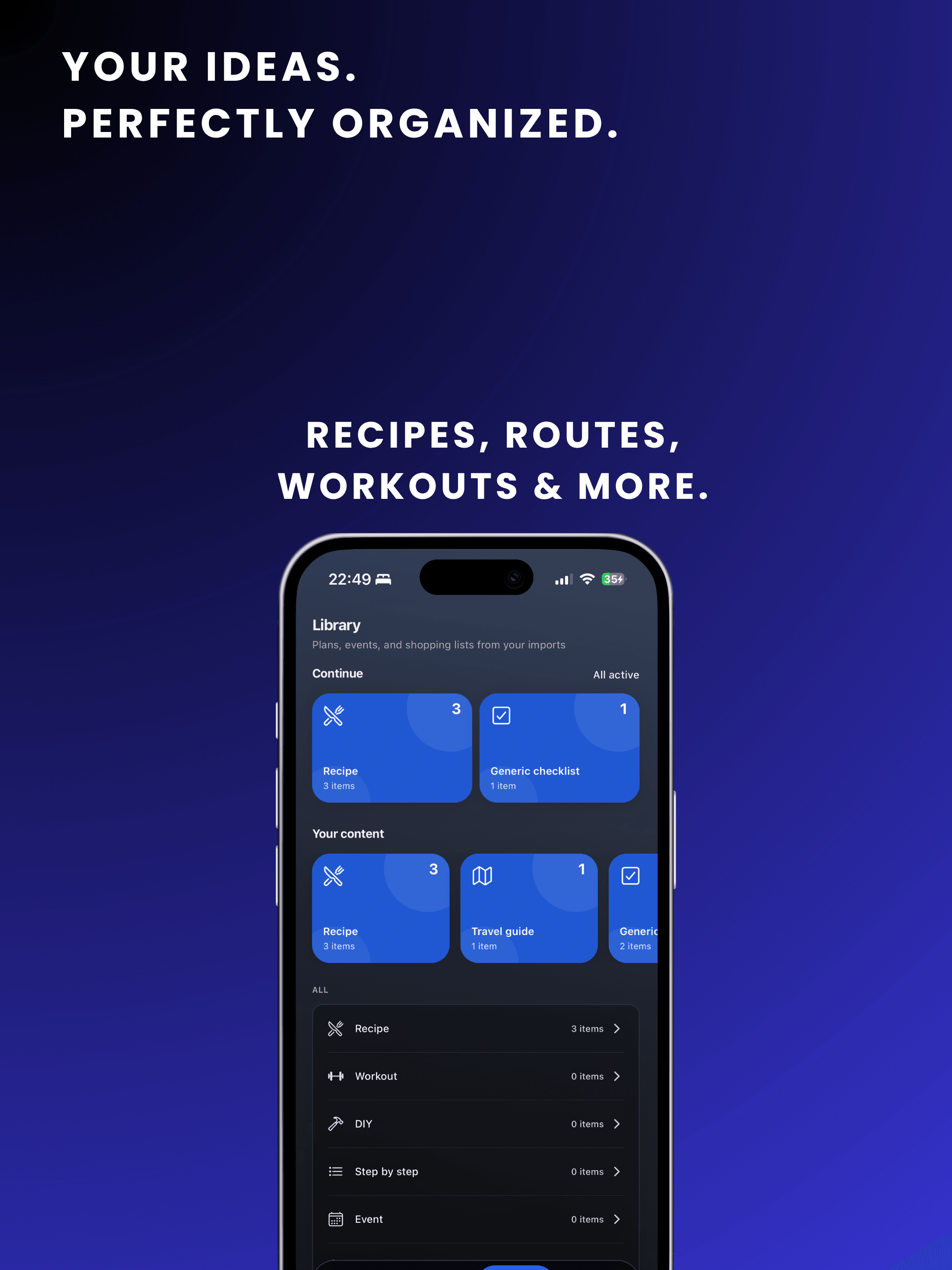 Reel2Plan library on iPhone with recipes, routes and lists