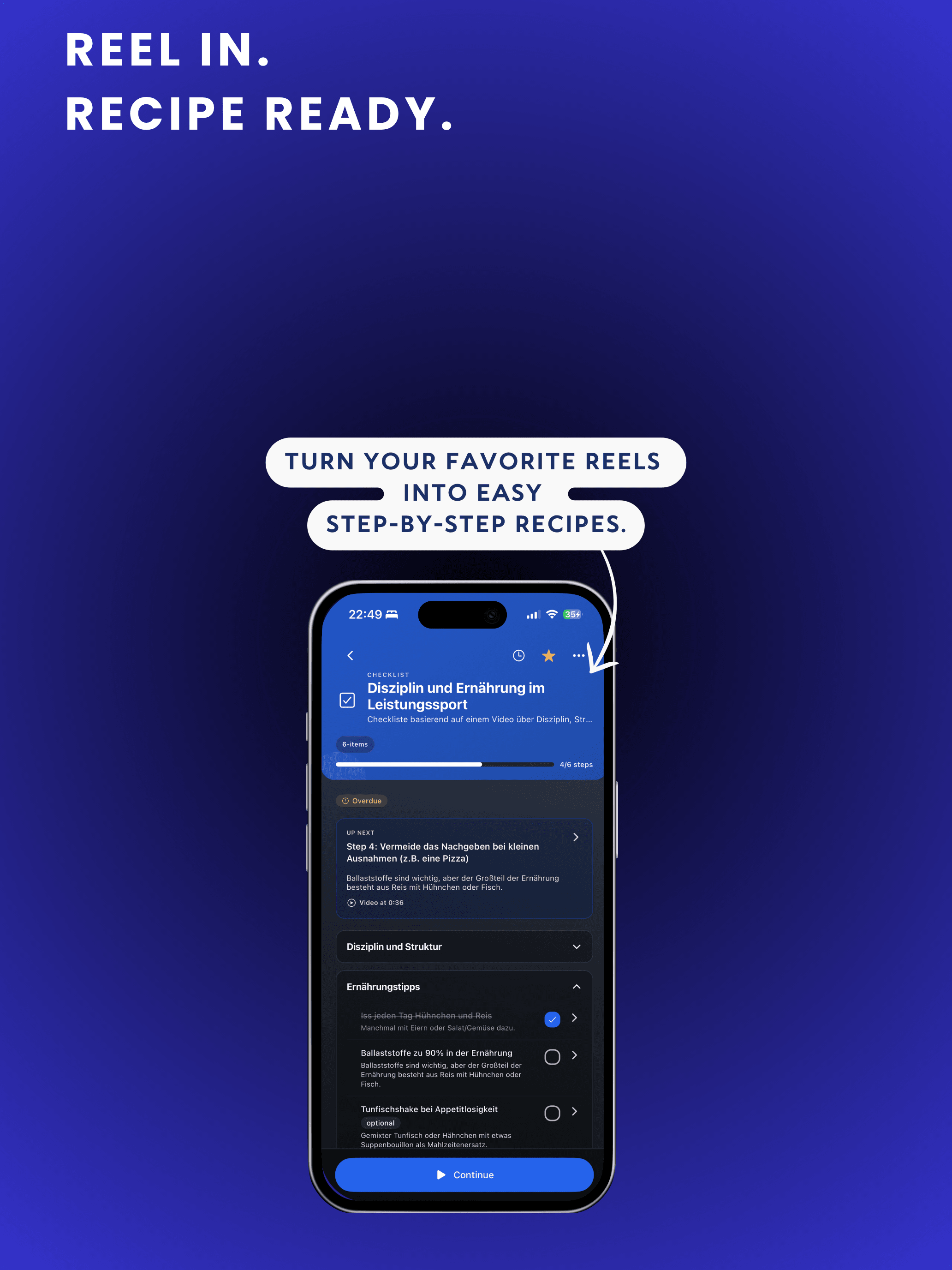 Reel2Plan recipe checklist on iPhone, step by step